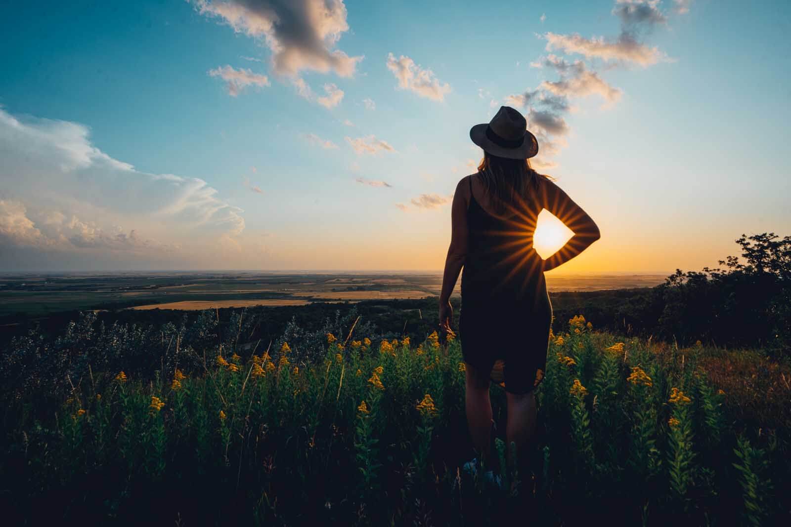 Megan posing for the view at Mystical Horizons in Bottineau North Dakota