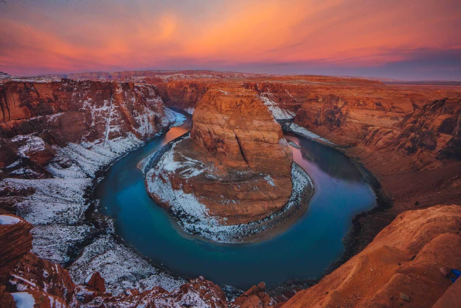 colorful sunrise at Horseshoe Bend in Page Arizona