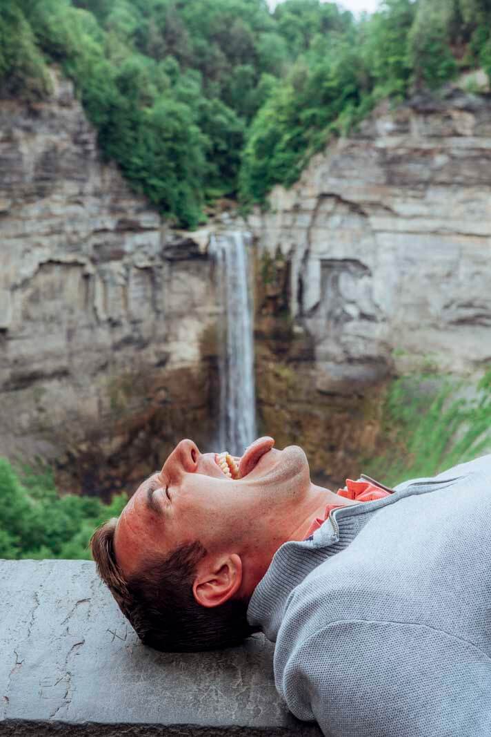 A juxtaposed image of a man drinking water from the Taughannock Fall