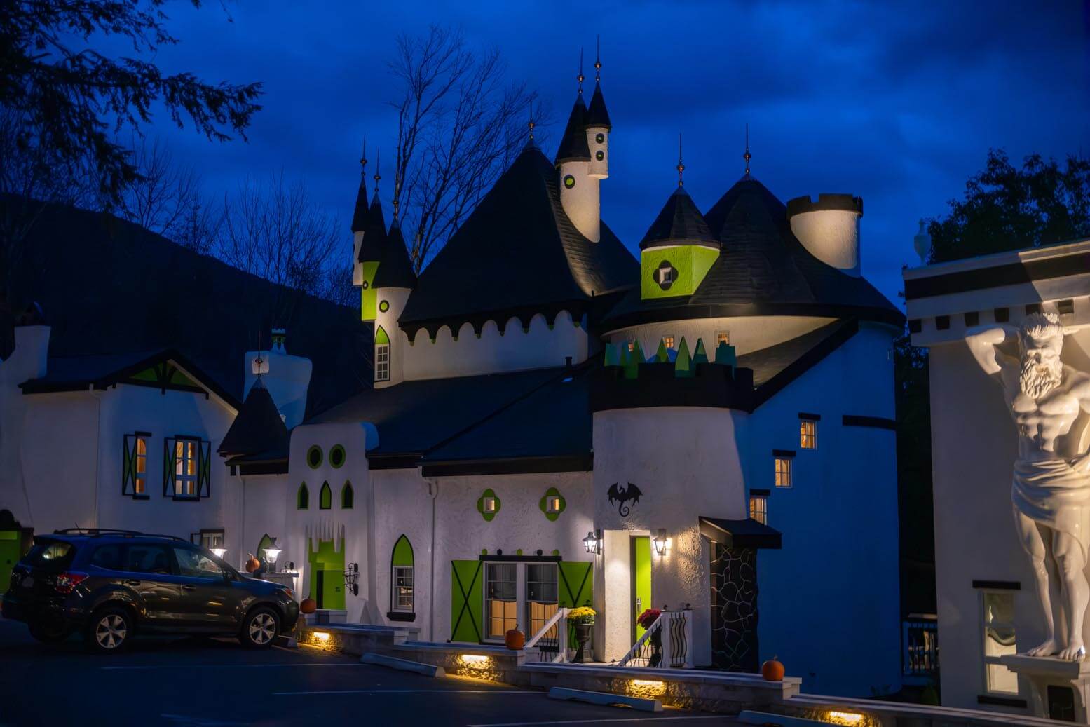 The Cottage Towers at the Roxbury at Stratton Falls at dusk in Catskills NY