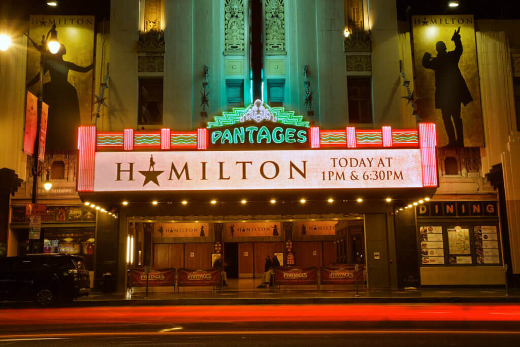 The-Pantages-Hollywood-Theatre-marquee-for-Hamilton-the-musical-in-Los-Angeles-at-night