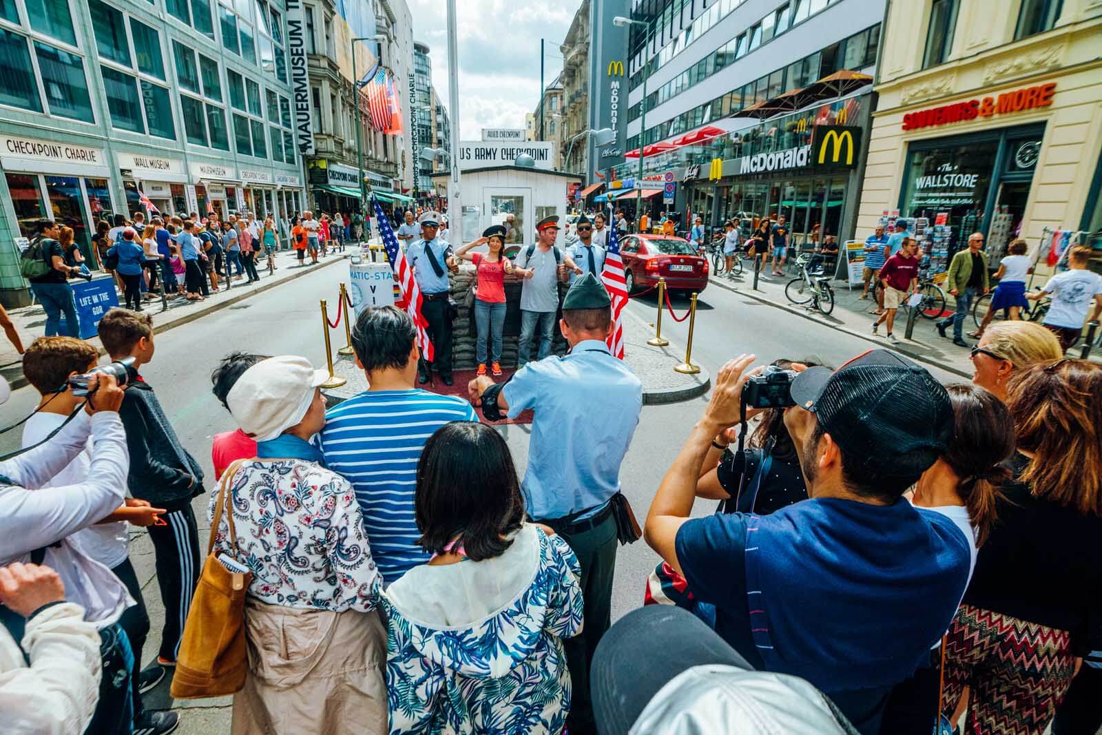 Mass Crowds gather at Checkpoint Charlie in Berlin