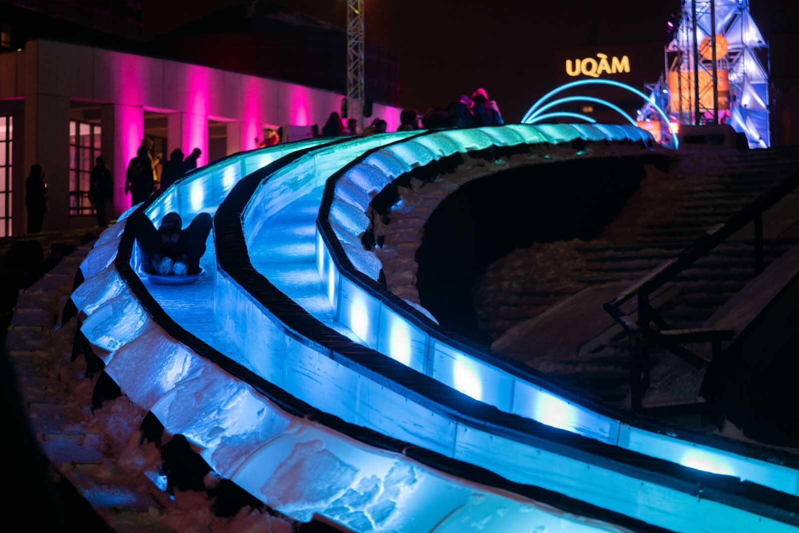 The electric ice slide at the Montreal in winter Lumiere festival