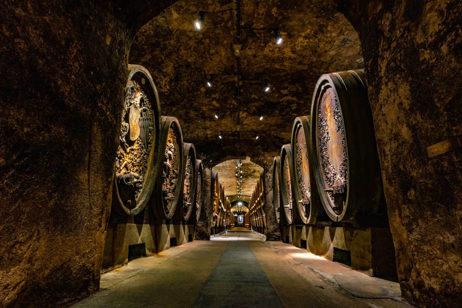 The old wooden wine barrels at Juliusspital in Würzburg Germany