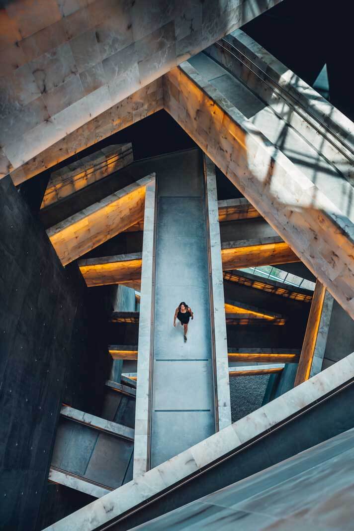 Megan walking in the walkway of the Canadian Museum of Human Rights in Winnipeg