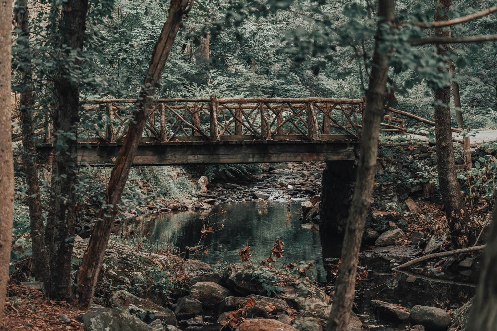 The wooden headless horseman bridge in the Sleepy Hollow cemetery in NY