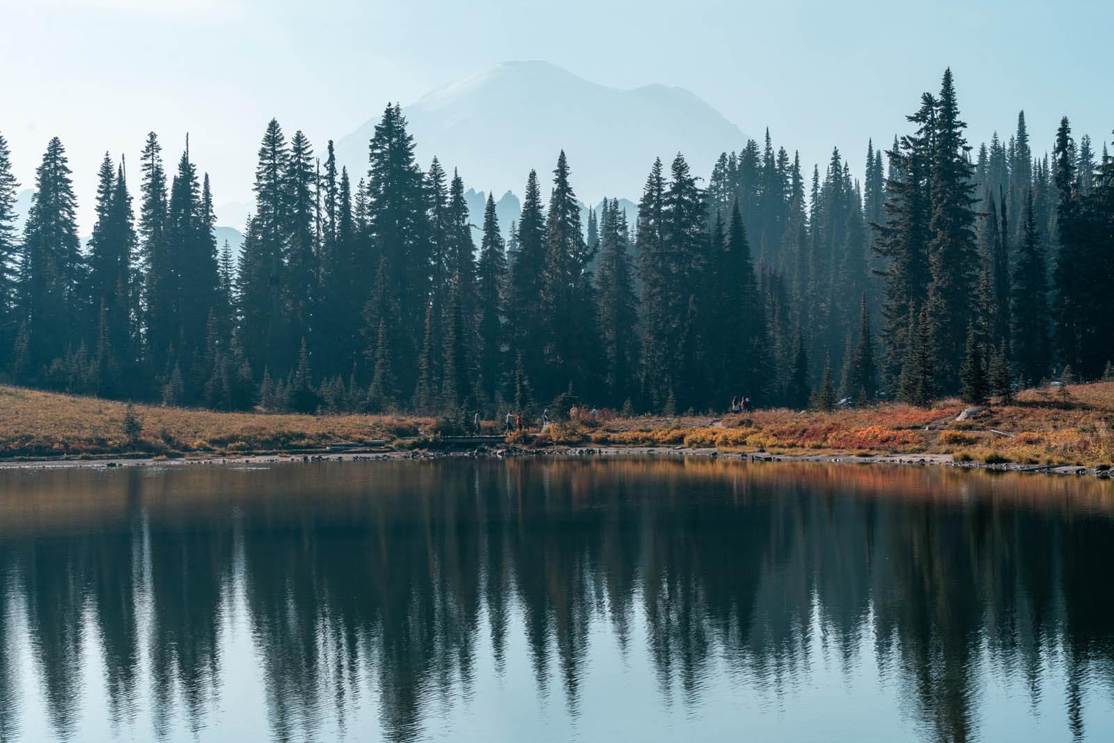 View of Mount Rainier on a hazy day from Lake Tipsoo at Mount Rainier National Park in Washington