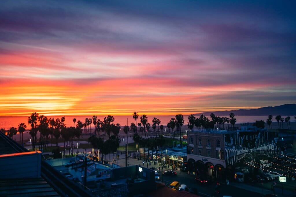 View of Venice Beach from a rooftop bar in Los Angeles California