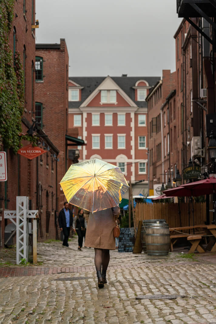 Walking down Wharf Street in Old Port Portland Maine