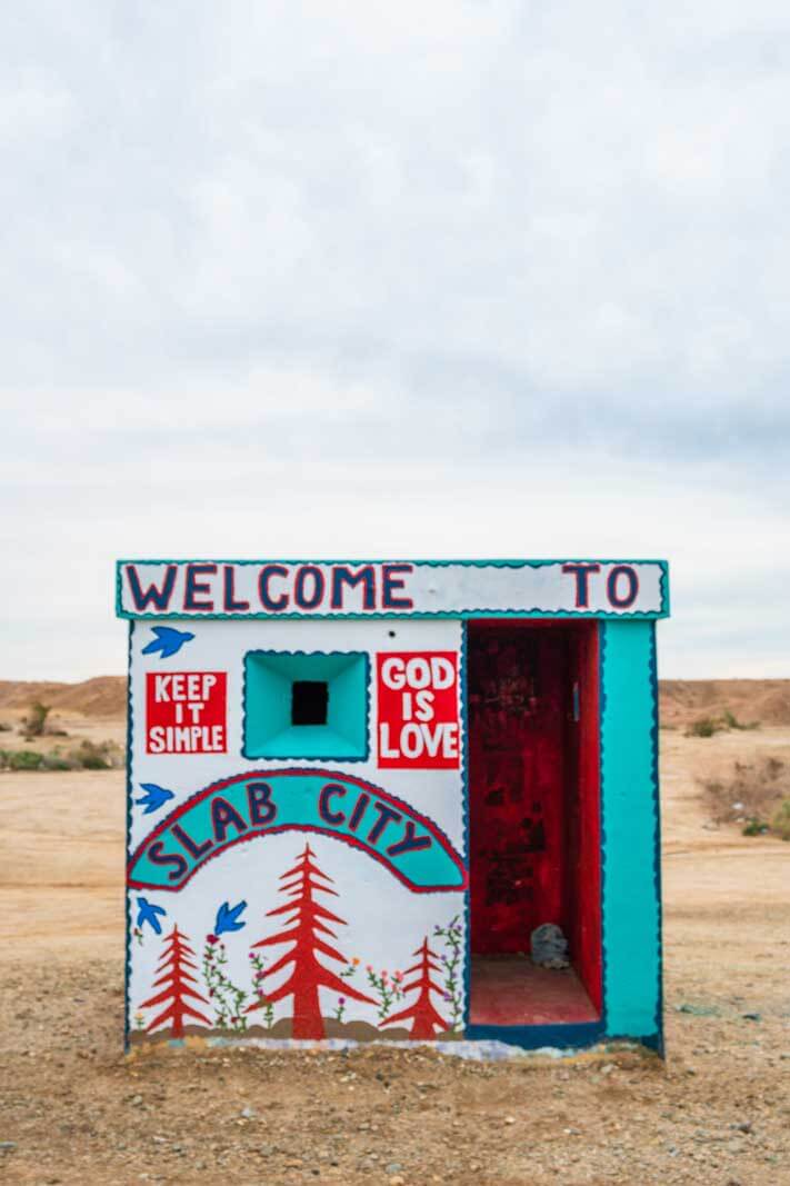 Slab City welcome booth at entrance near the Salton Sea