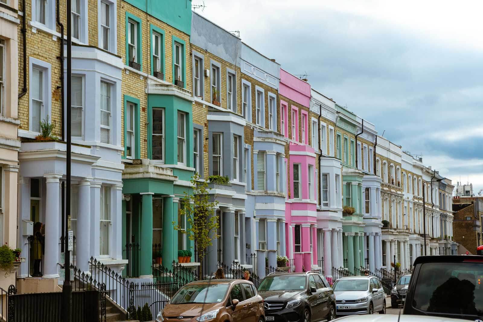 colorful row of homes on Westbourne Park Road in Notting Hill