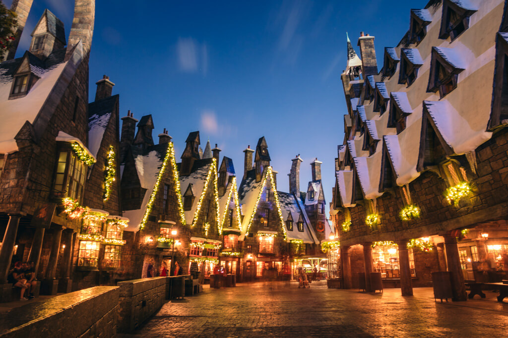 Wizarding World of Harry Potter at Night in the winter with lights