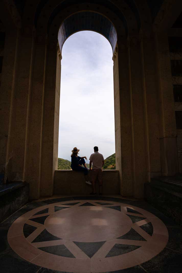 Megan and Scott enjoying the view from Wrigley Memorial at the Botanical Gardens in Catalina