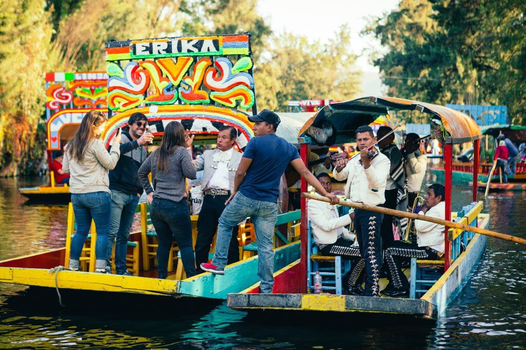 Party and mariachi band playing on a boat in Xochimilco Mexico City