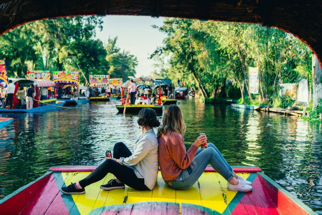 Megan and Nina on the front of our boat in Xochimilco Mexico City