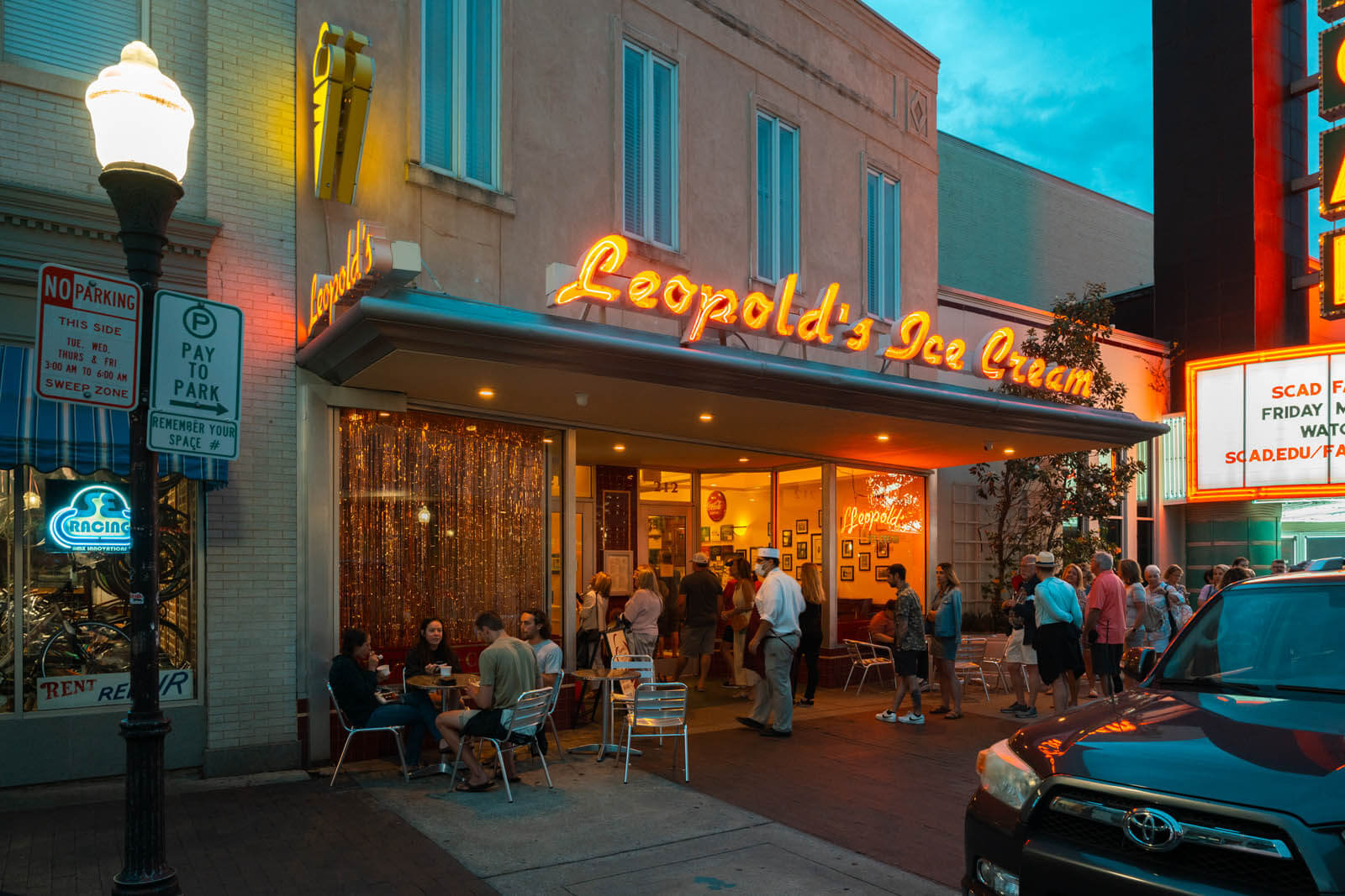 a long line outside of Leopold's Ice Cream in Savannah Georgia