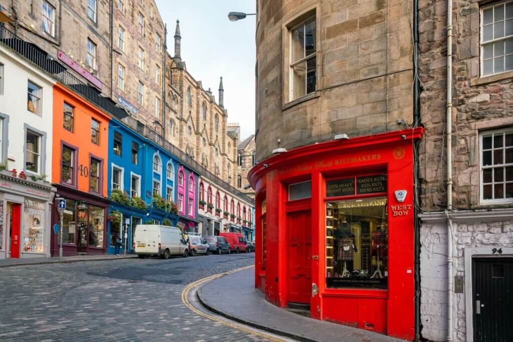 a scene from Victoria Street in Edinburgh Scotland the inspiration behind Diagon Alley from Harry Potter