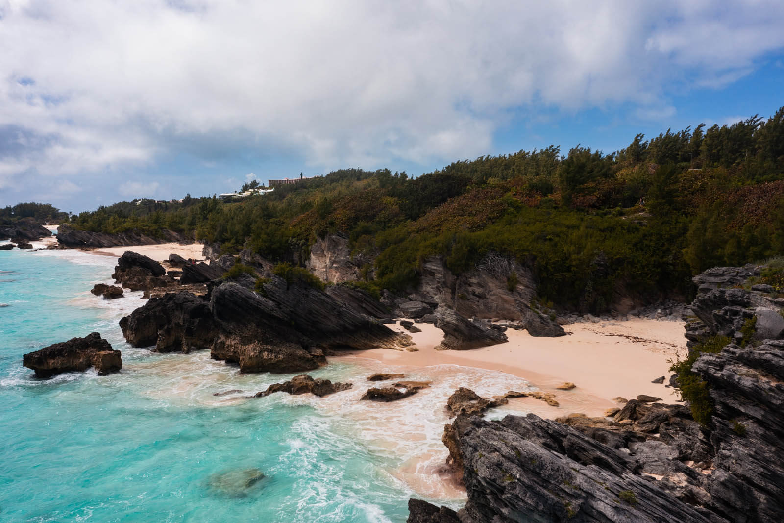 aerial shot of Chaplin Bay Beach from Elsbeth Bay Beach along the south shore park in Bermuda where you can find pink sand beaches