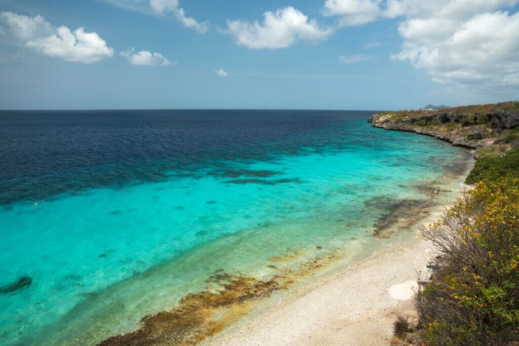 aerial view of 1000 Steps beach in Bonaire a popular snorkeling and diving location