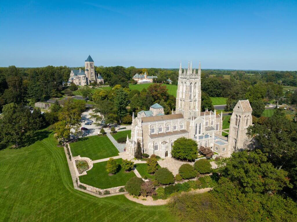 aerial view of Bryn Athyn Cathedral in Montgomery County PA
