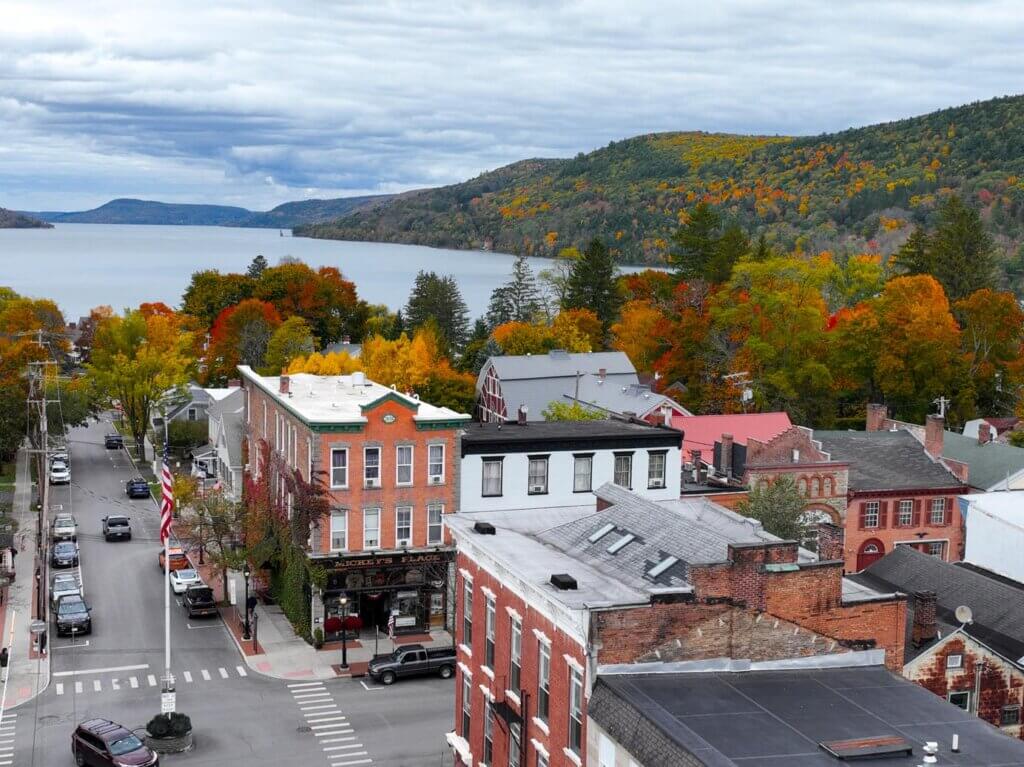 aerial view of Cooperstown New York and Otsego Lake in the fall