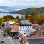 aerial view of Cooperstown New York and Otsego Lake in the fall