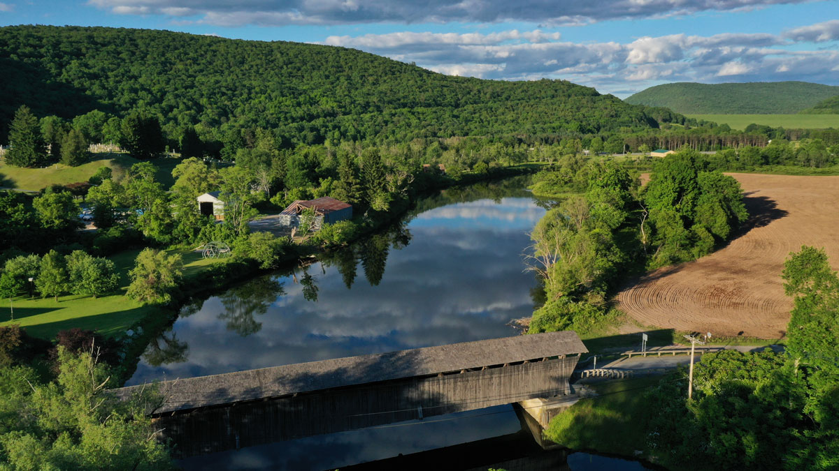 aerial-view-of-Downsville-covered-bridge-in-delaware-county-in-the-catskills-region-of-new-york