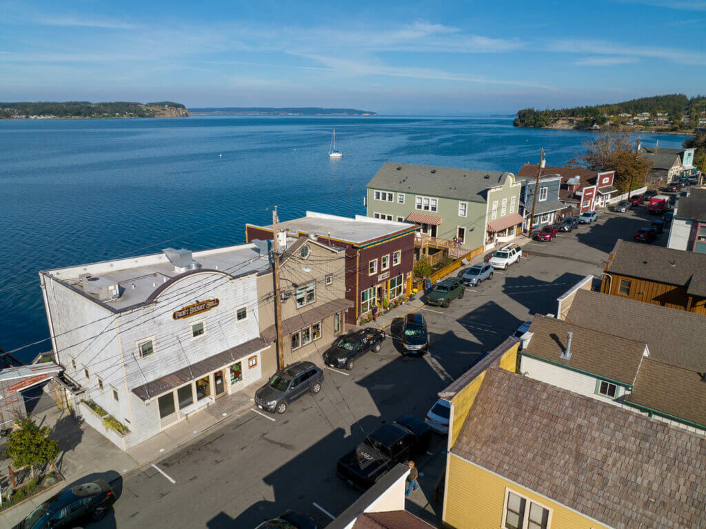 aerial view of Front Street in Coupeville on Whidbey Island in Washington