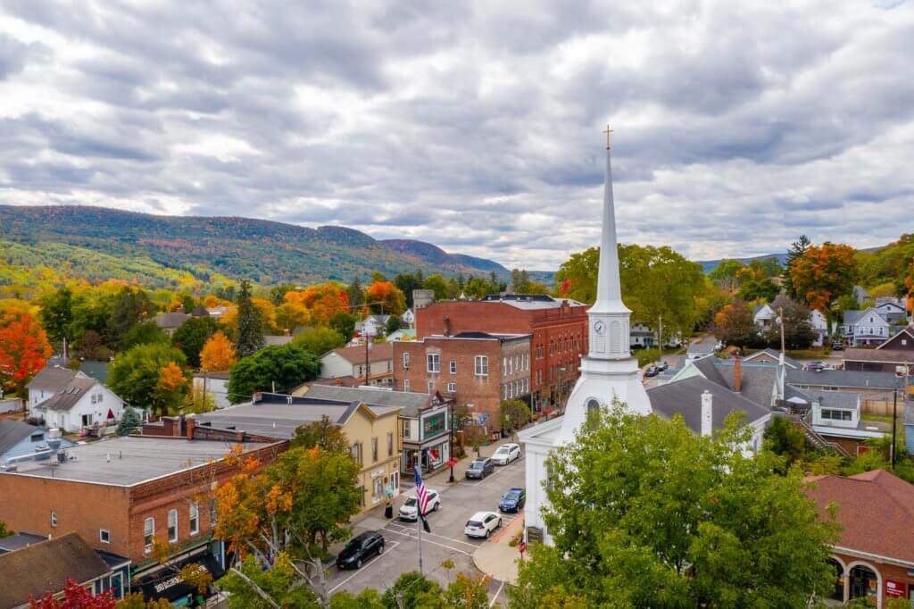 aerial view of Hammondsport New York in the fall