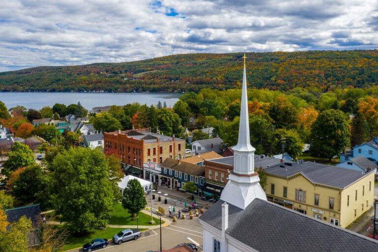 aerial view of Hammondsport in the Finger Lakes in the fall