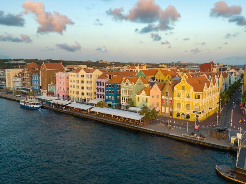 aerial view of Handelskade and the colorful buildings of Willemstad Curacao