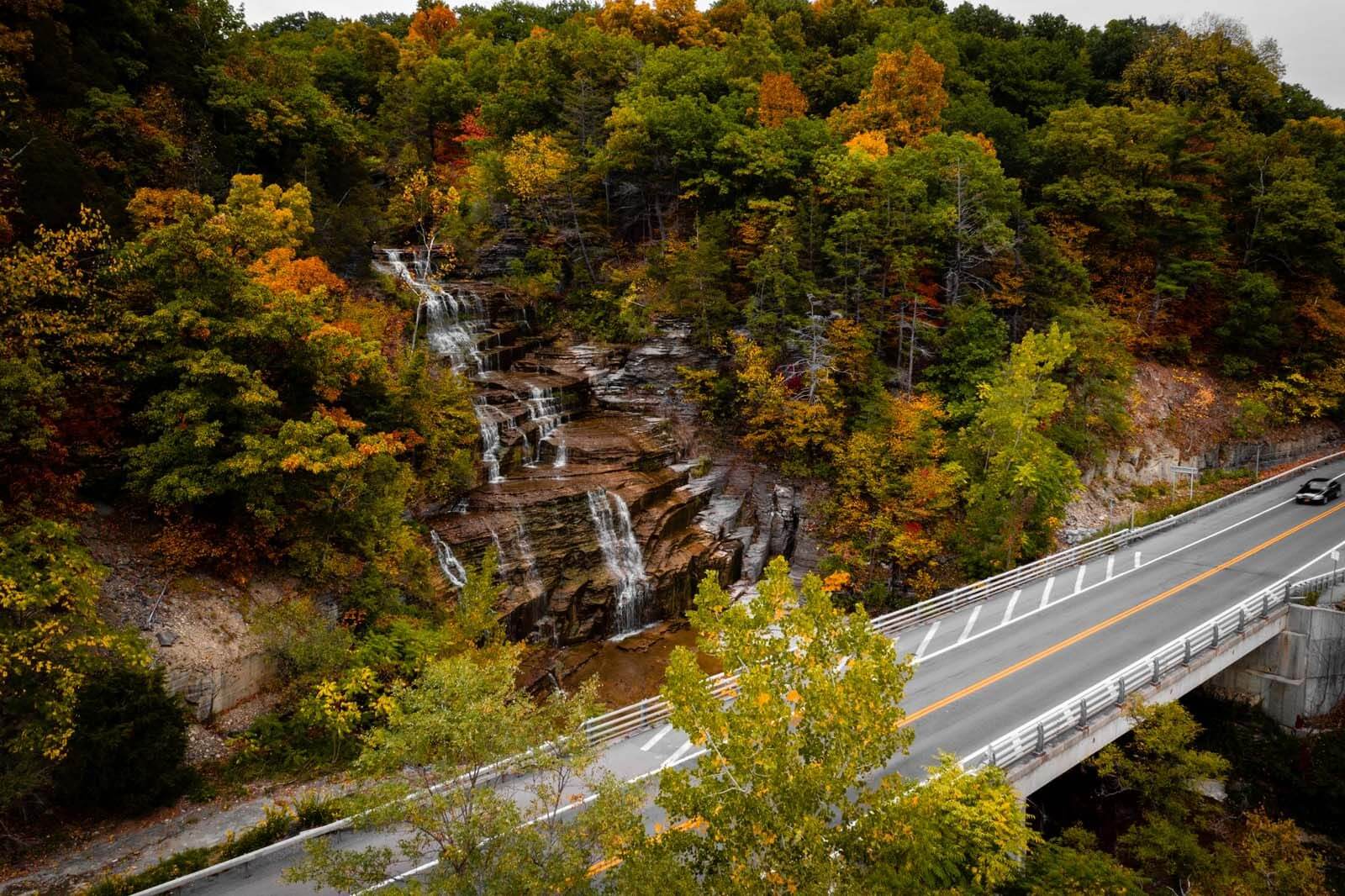 aerial view of Hector Falls along route 414 at Seneca Lake in Finger Lakes