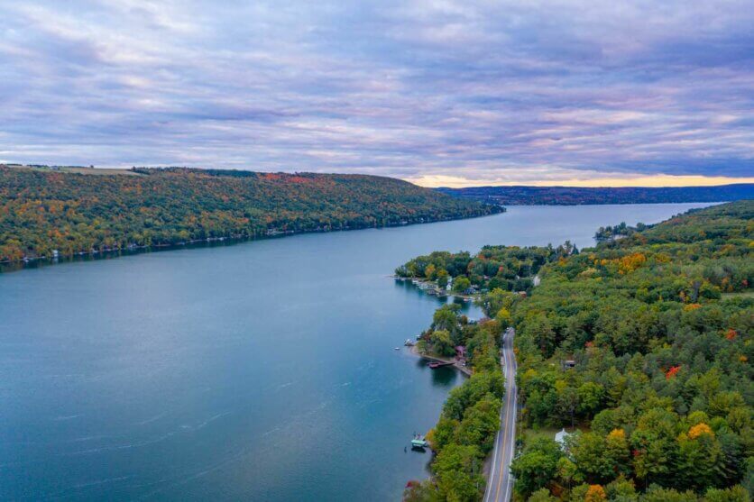 aerial view of Keuka Lake in the Finger Lakes New York in the fall