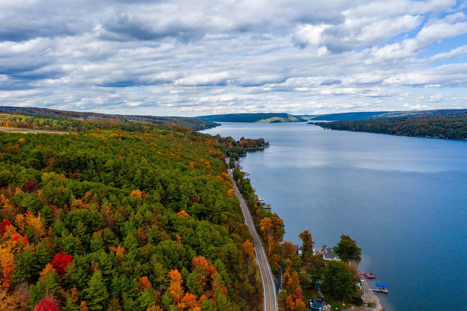 aerial view of Keuka Lake in the Finger Lakes in the fall