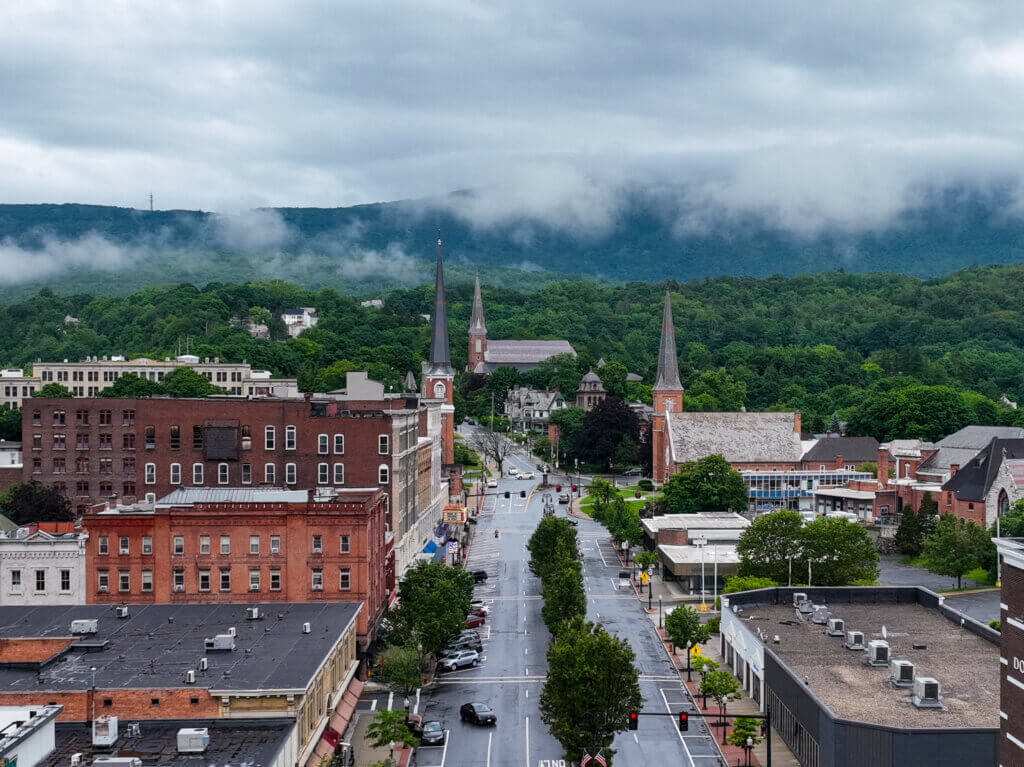 aerial view of Main Street in the Berkshires town of North Adams in Massachusetts