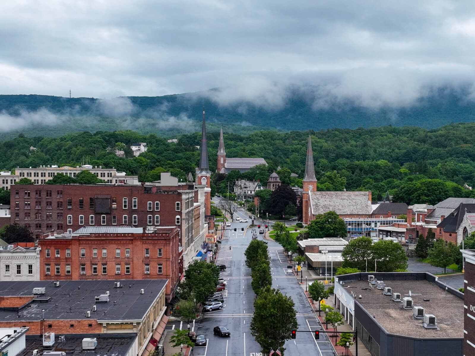 aerial view of Main Street in the Berkshires town of North Adams in Massachusetts