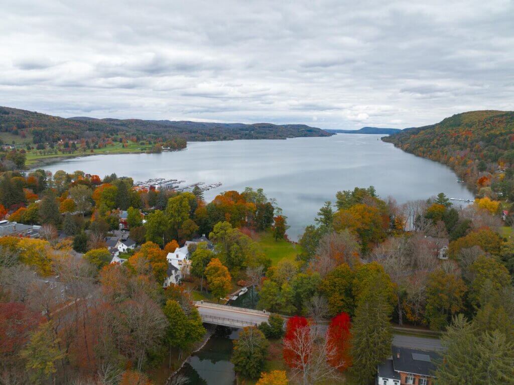 aerial view of Otsego Lake in Cooperstown New York in the fall