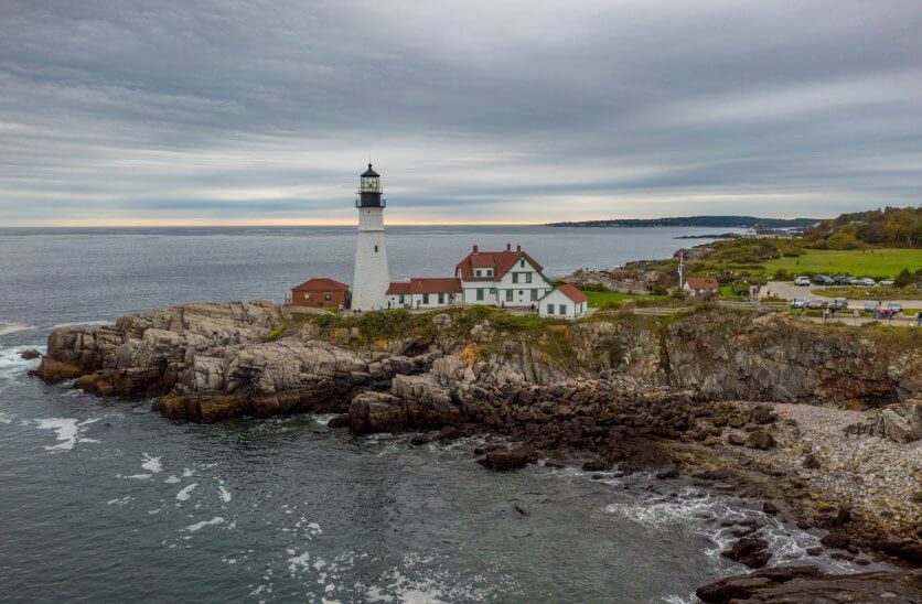 aerial view of Portland Head Light at Cape Elizabeth in Maine