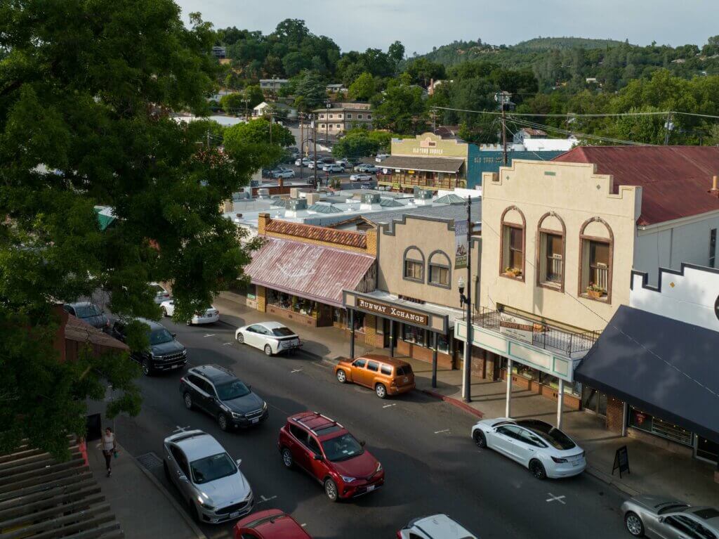 aerial view of downtown Sonora Washington Street in Tuolumne County California