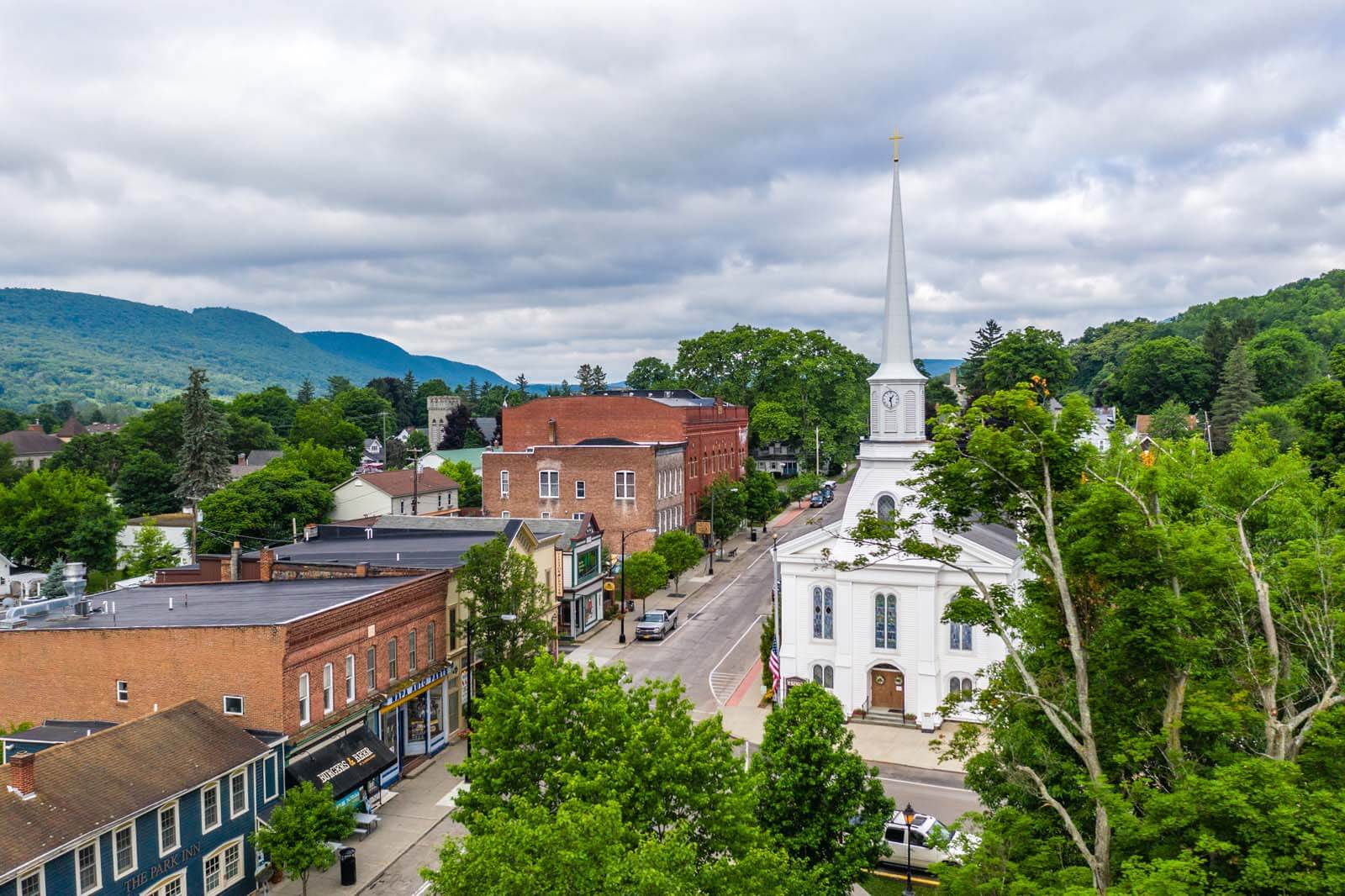 aerial view of the church and downtown Hammondsport New york in the finger lakes