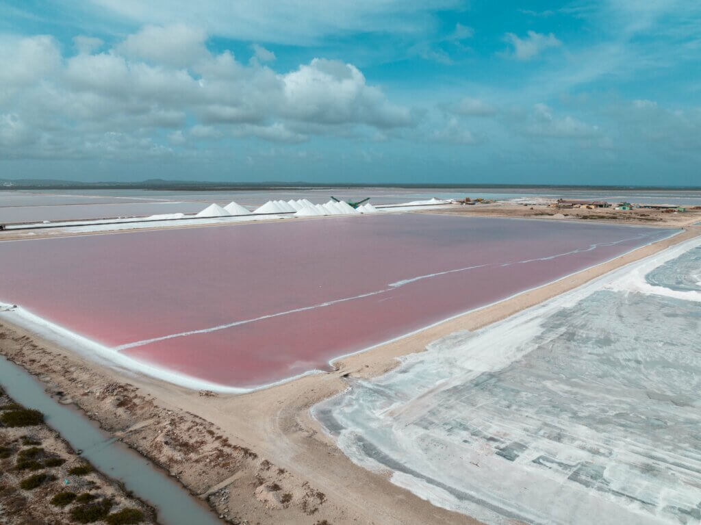 aerial view of the salt pyramids and pink salt pans of Bonaire