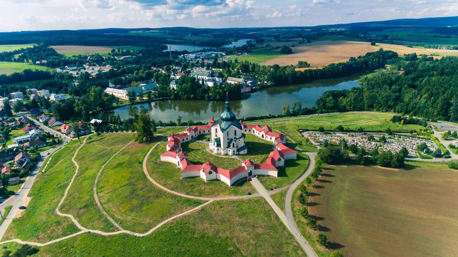 ariel view of the Pilgrimage Church of St. John of Nepomuk at Zelená Hora UNESCO in Vysocina Czech Republic