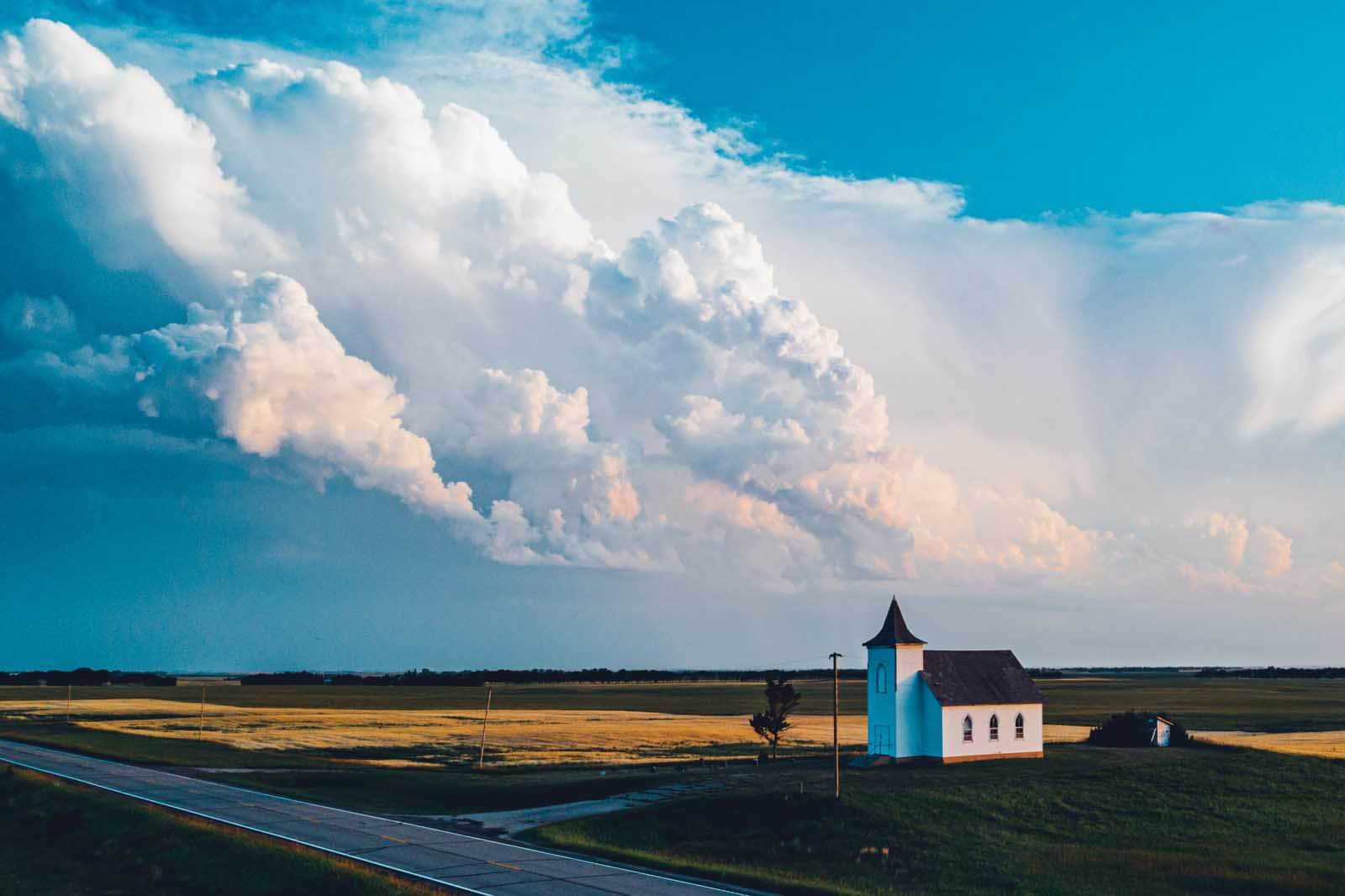 white church on the prairie near Bottineau North Dakota