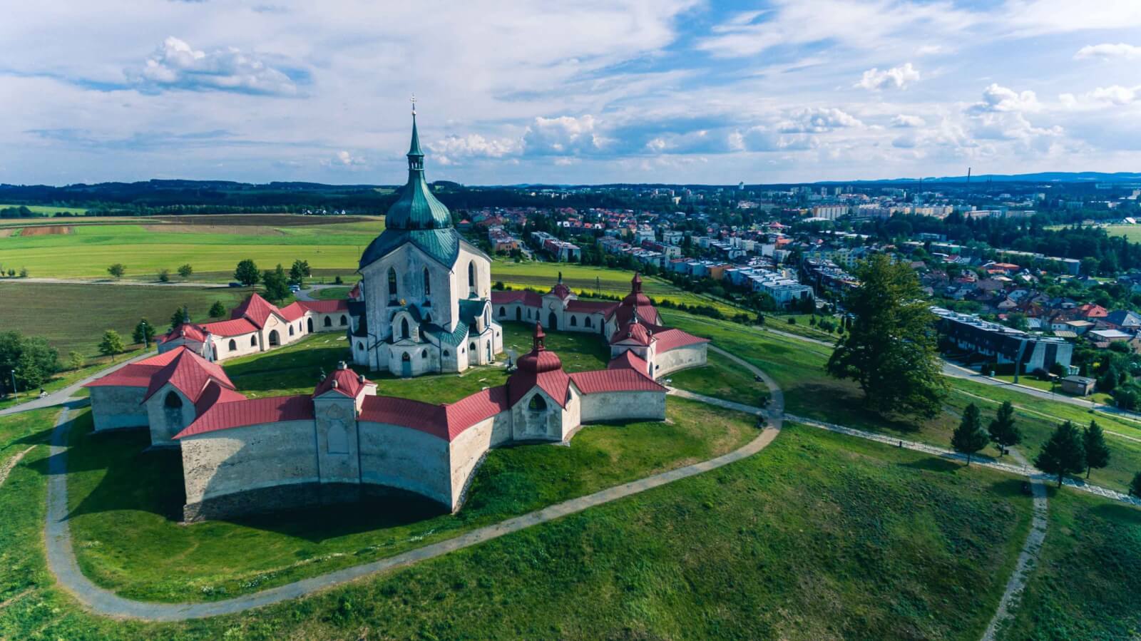 birds eye view of Pilgrimage Church of St. John of Nepomuk at Zelená Hora Vysocina UNESCO site in Czech Republic