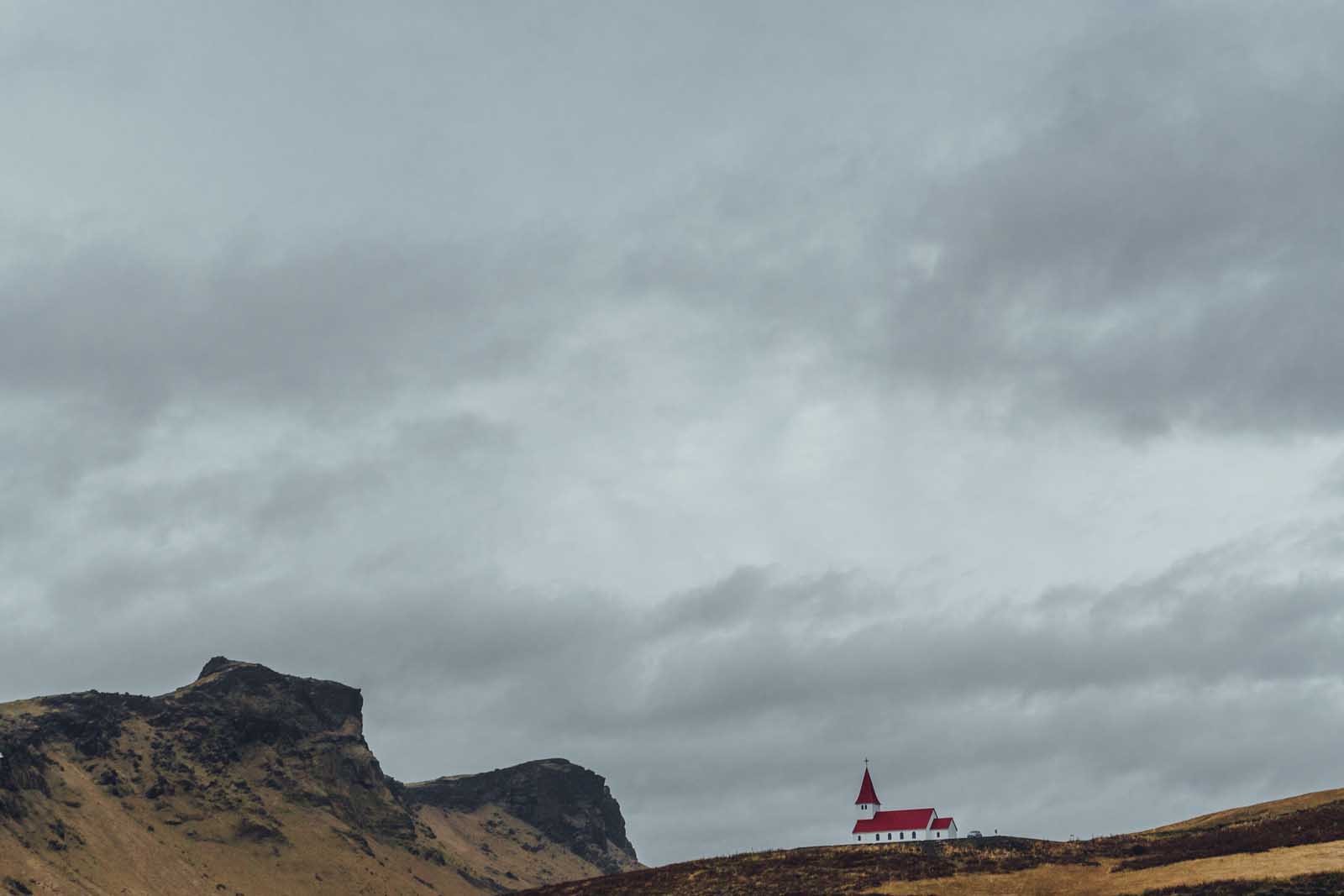 Church on the hill overlooking the town of Vik in South Icceland