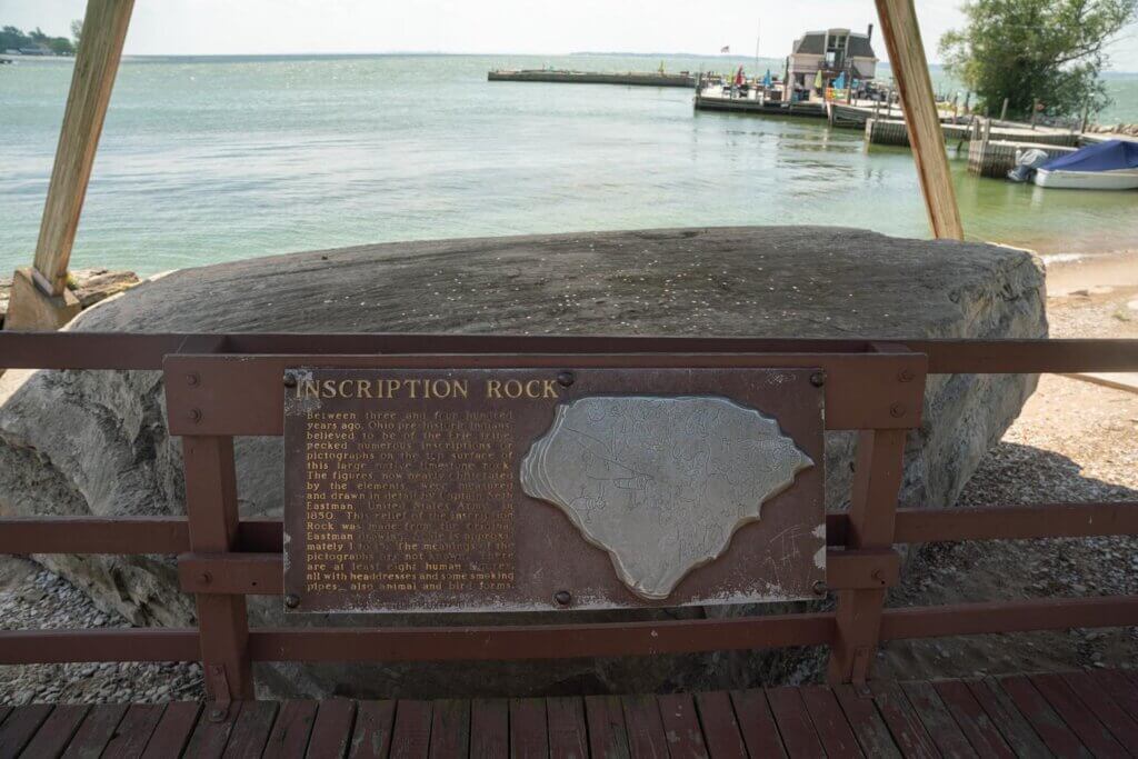 close up of Inscription Rock on Kelleys Island in Ohio