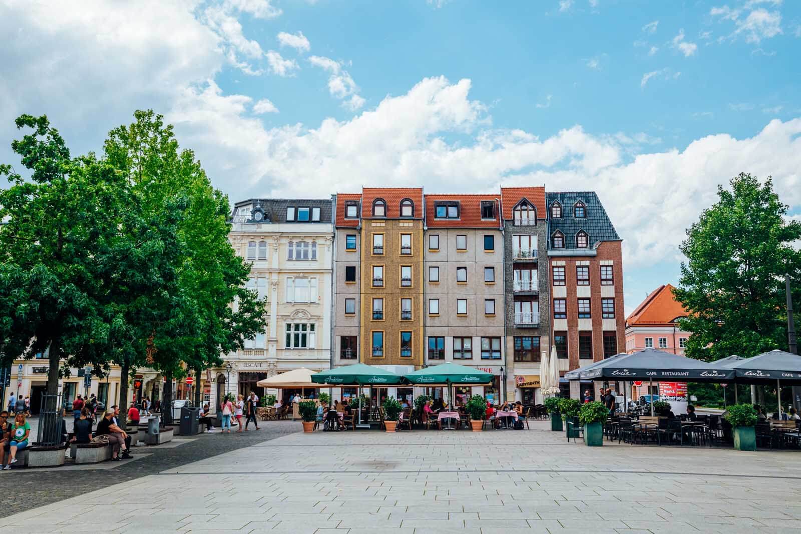 the different styles of architecture in Altmarkt in Cottbus Germany