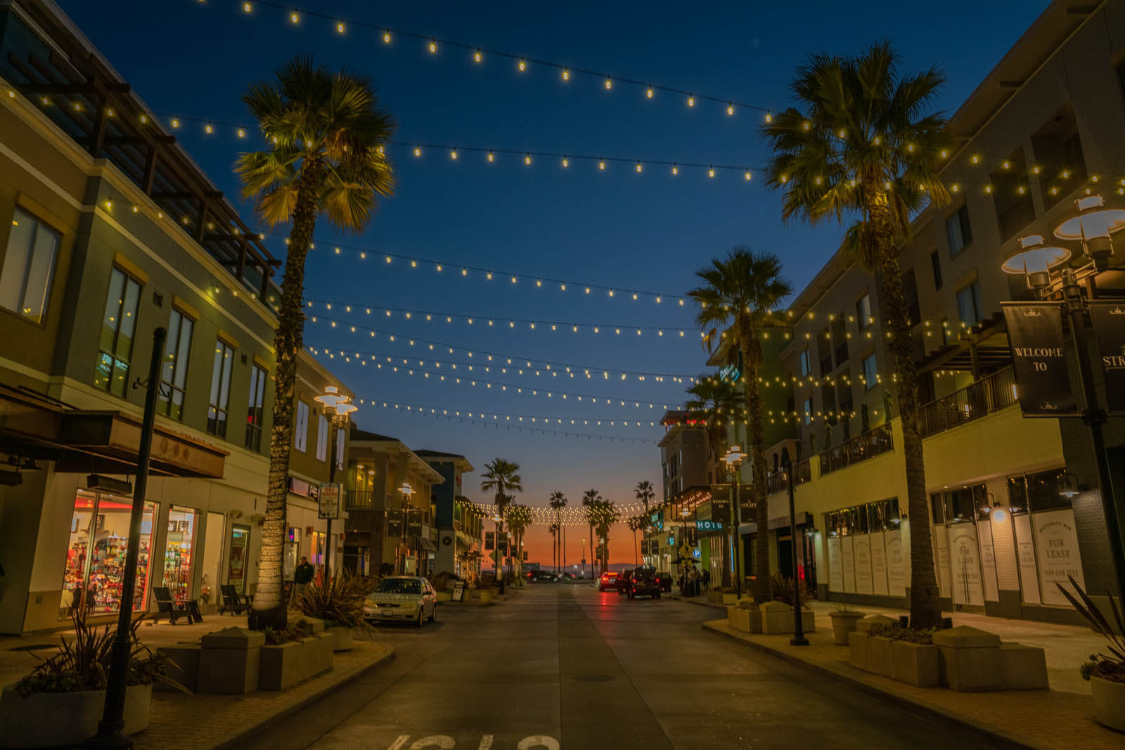 downtown Huntington Beach lit up at night