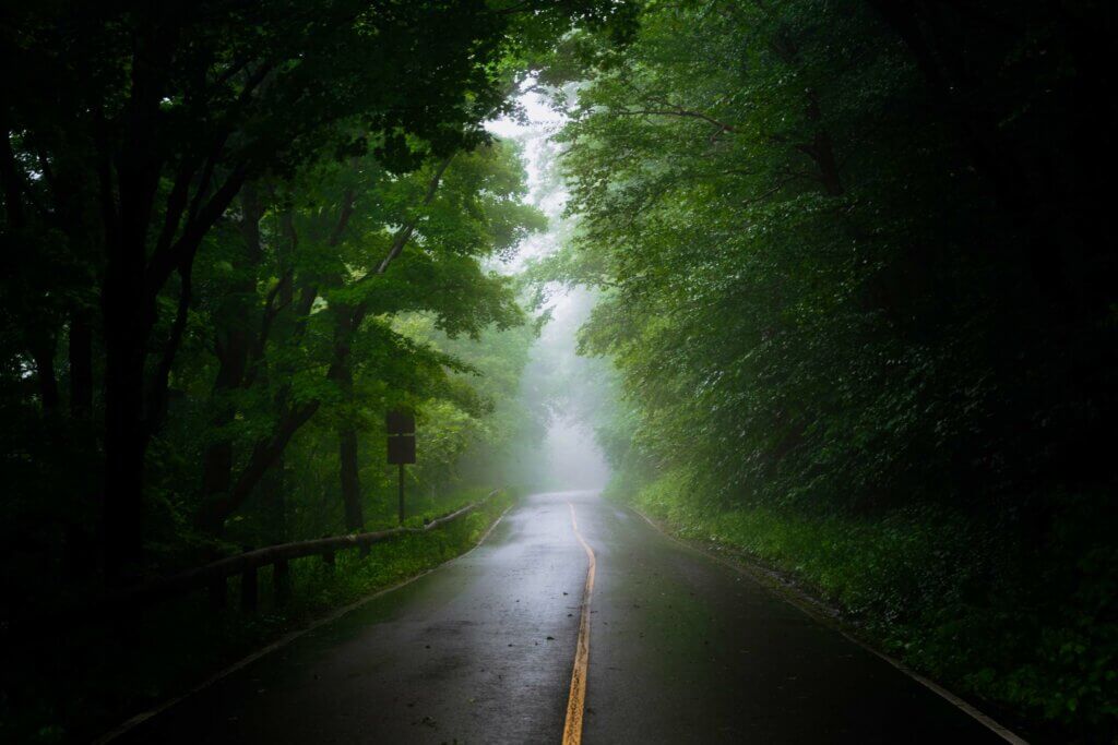 driving along the Mohawk Trail in North Adams Massachusetts in the Berkshires on a rainy summer day