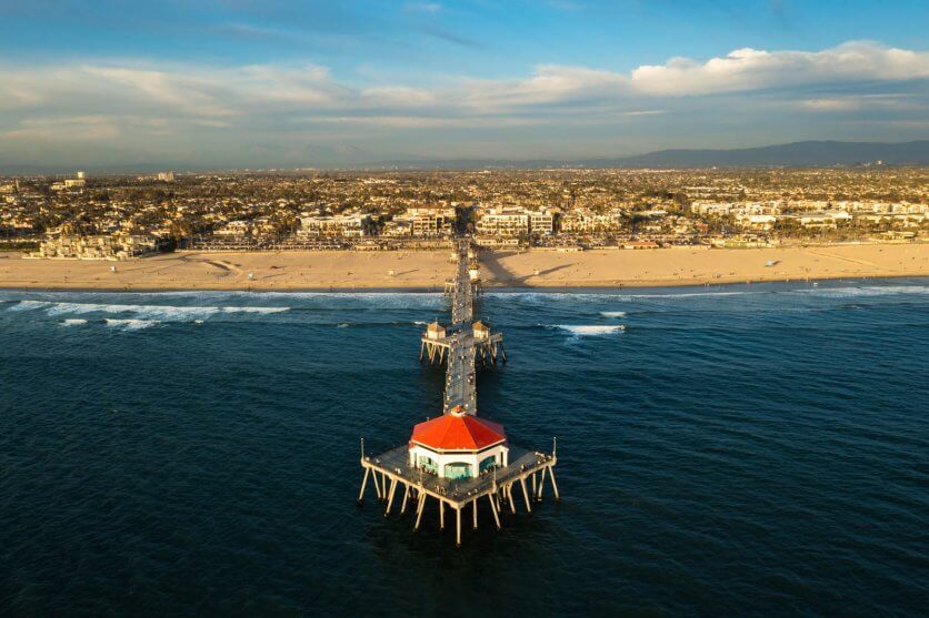 drone view of Huntington Beach Pier in Huntington Beach California